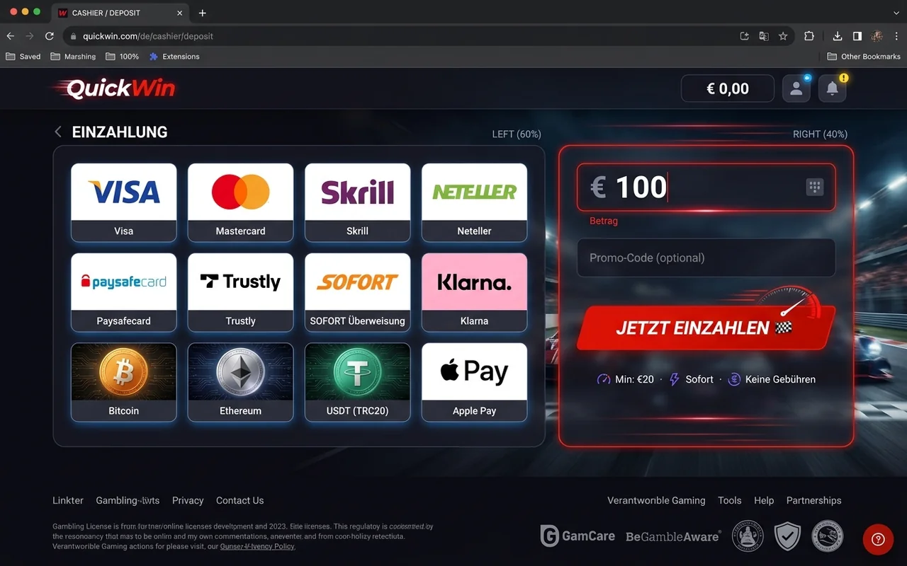 Zahlungsmethoden und Auszahlungen – QuickWin